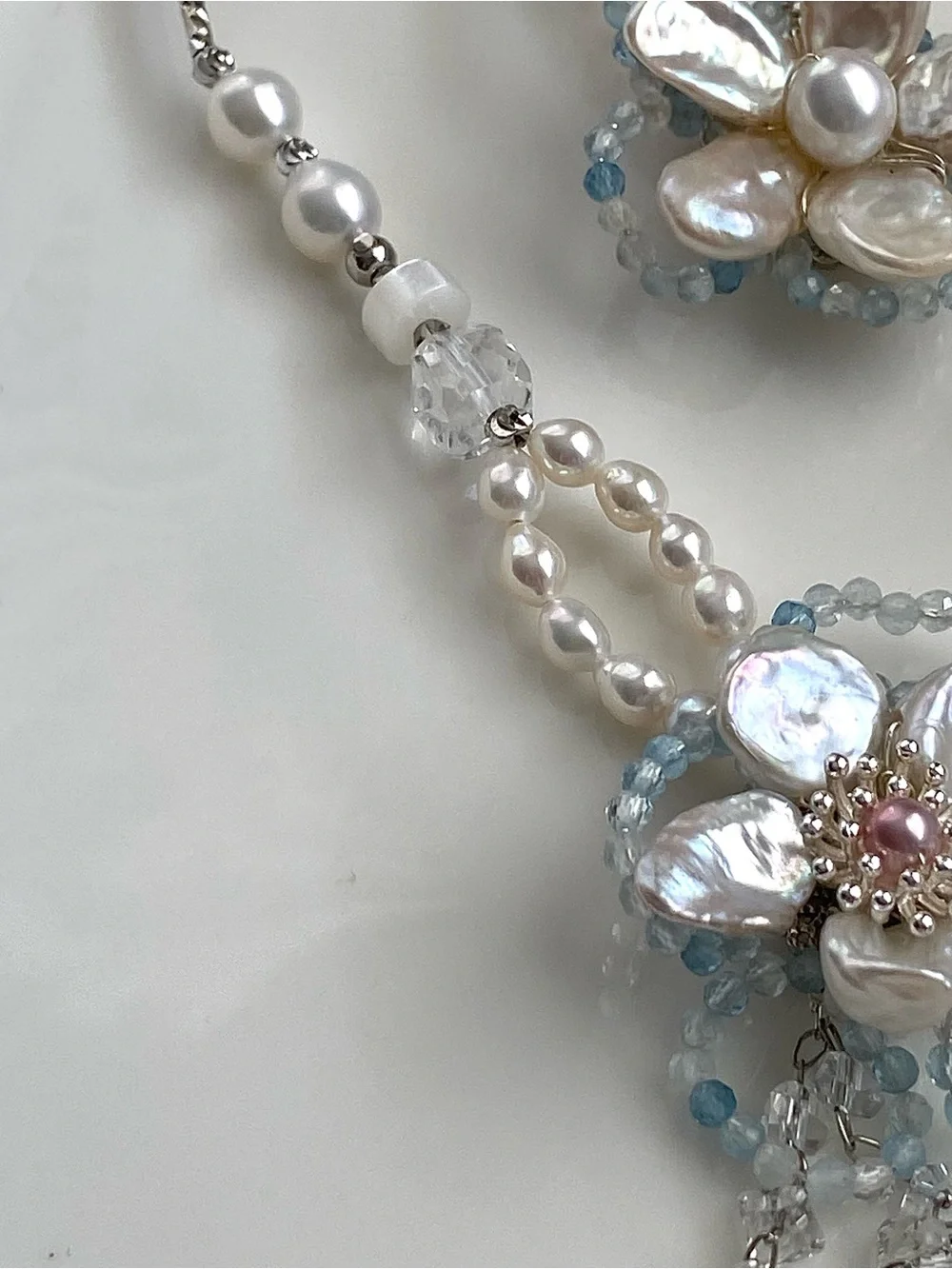 GP90-Handmade Aquamarine And Flower Petal Pearl Necklace And Bracelet Set